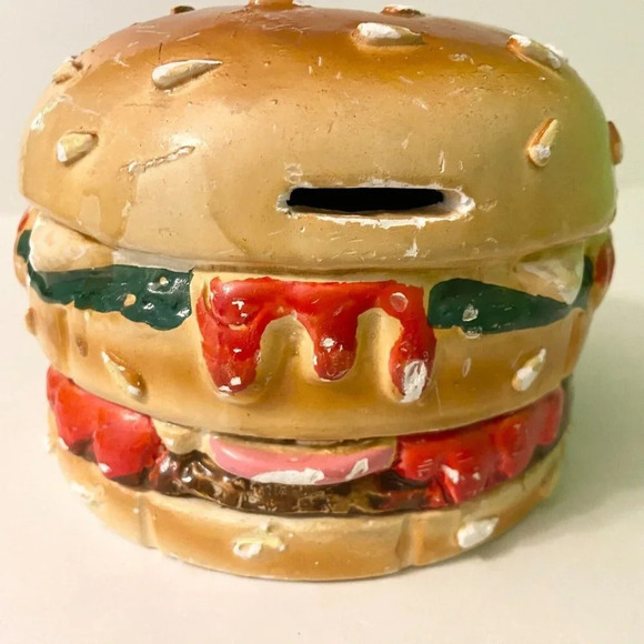 Vtg Hamburger Coin  Bank A G Handicrafts Art Ceramic Burger Piggy Bank Chipped - Picture 15 of 16